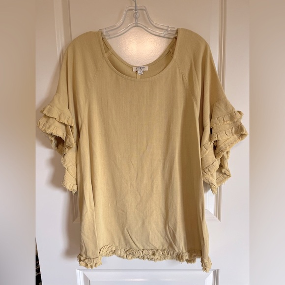 Umgee Top Womens M Yellow Flowy Linen Blend Layered Raw Hem Sleeve Coastal Boho - Picture 1 of 9
